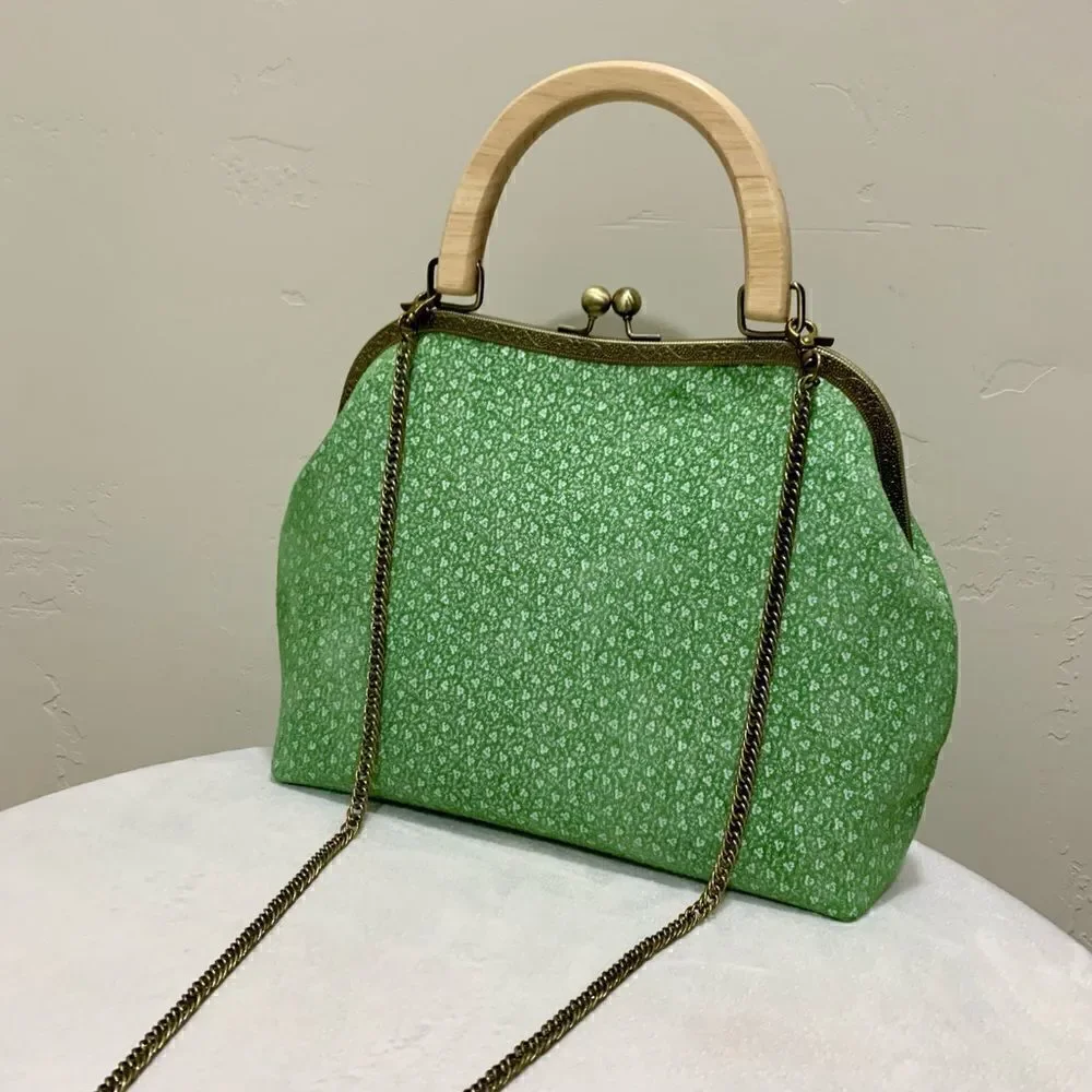 Handmade Genuine Nubuck Leather Embossed Wood Handle Kiss-lock Satchel Bag